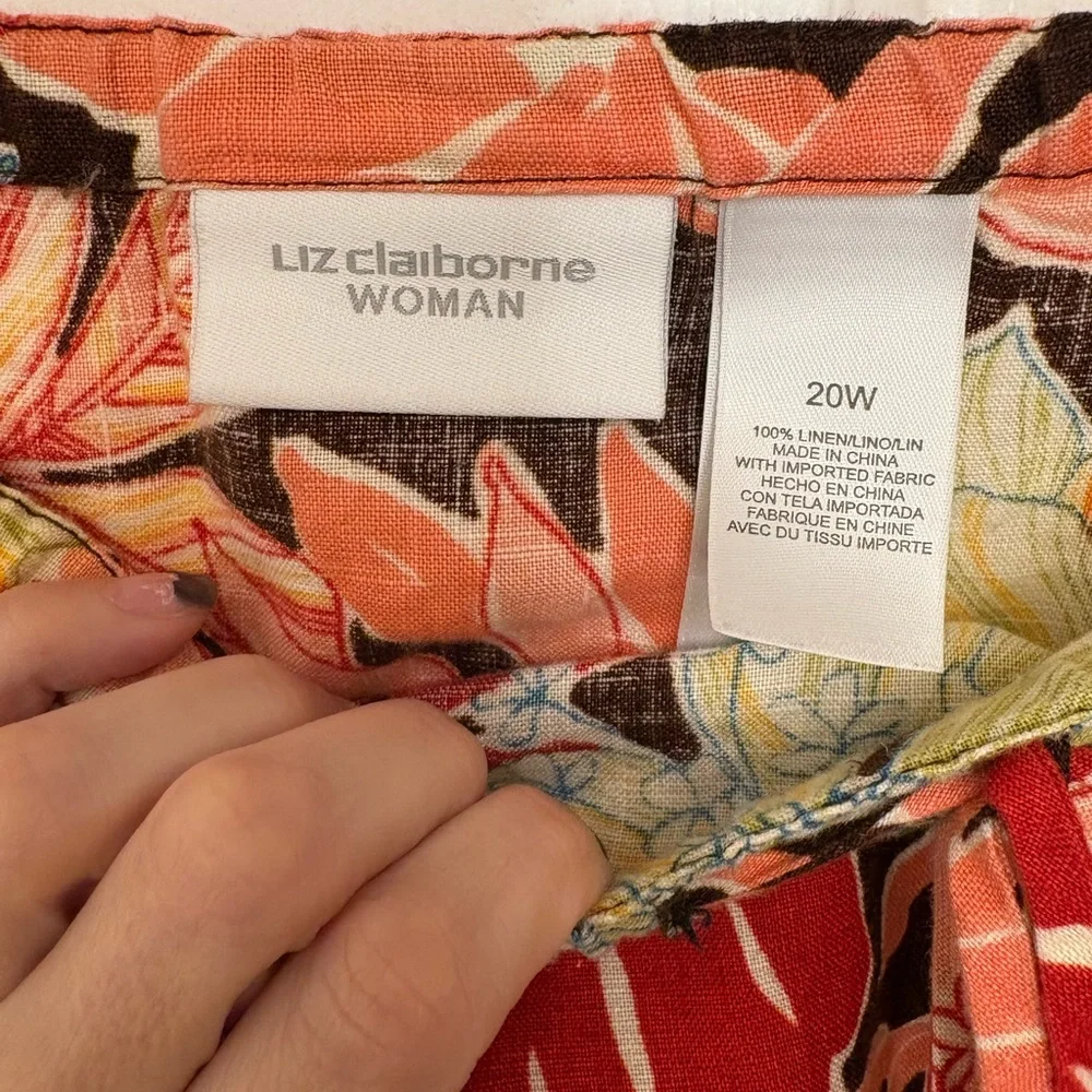 Liz Claiborne Linen Floral Midi Skirt Brown Orange Vacation Boho Preppy 20W